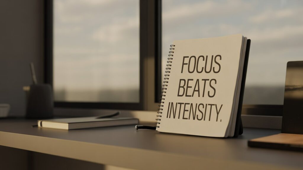 Minimalist workspace symbolising focus and sustainable marketing growth