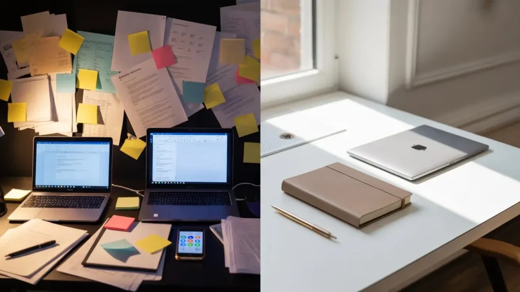 Cluttered desk vs clean workspace showing focused marketing strategy for founders