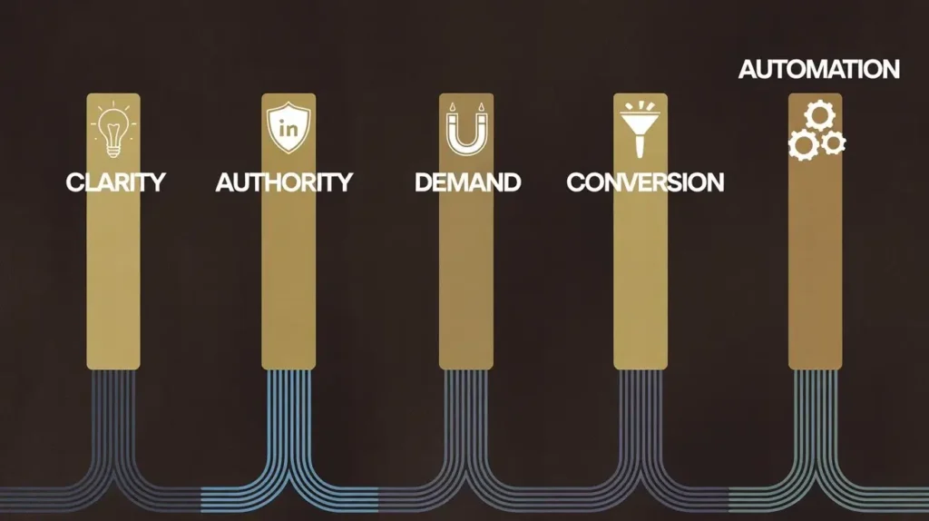 Hero image showing a roadmap from clarity to conversion for founders, featuring icons for clarity, authority, demand, conversion, and automation in a clean, modern style with charcoal, metallic gold, and LinkedIn blue colors.