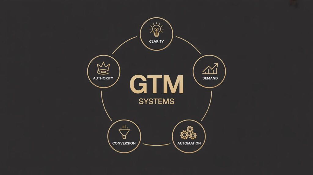 Circular illustration showing the five GTM pillars working together: Clarity, Authority, Demand, Conversion, Automation. Minimalist, professional design with charcoal background, metallic gold highlights, and LinkedIn blue accents.